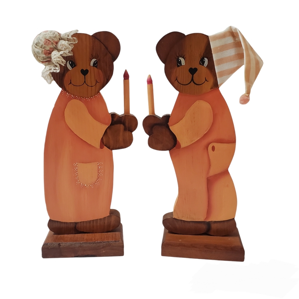 Vintage Wood "Ready for Bed" Handcrafted  Bears
